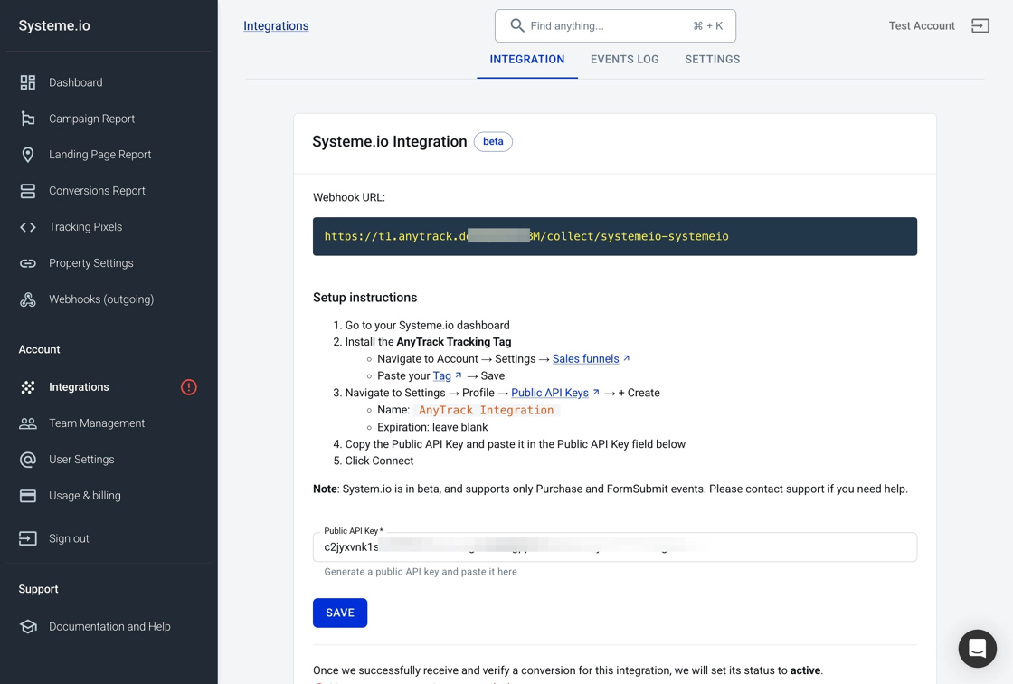 Accessing Systeme.io events log in AnyTrack