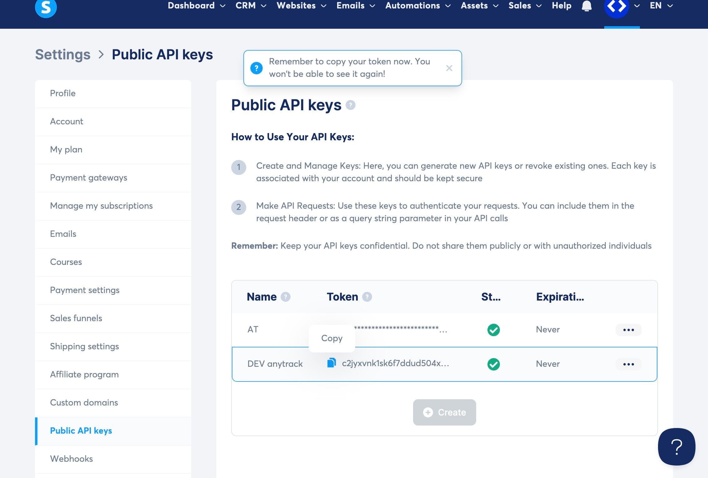 Copying Systeme.io API Key from Public API Key tab