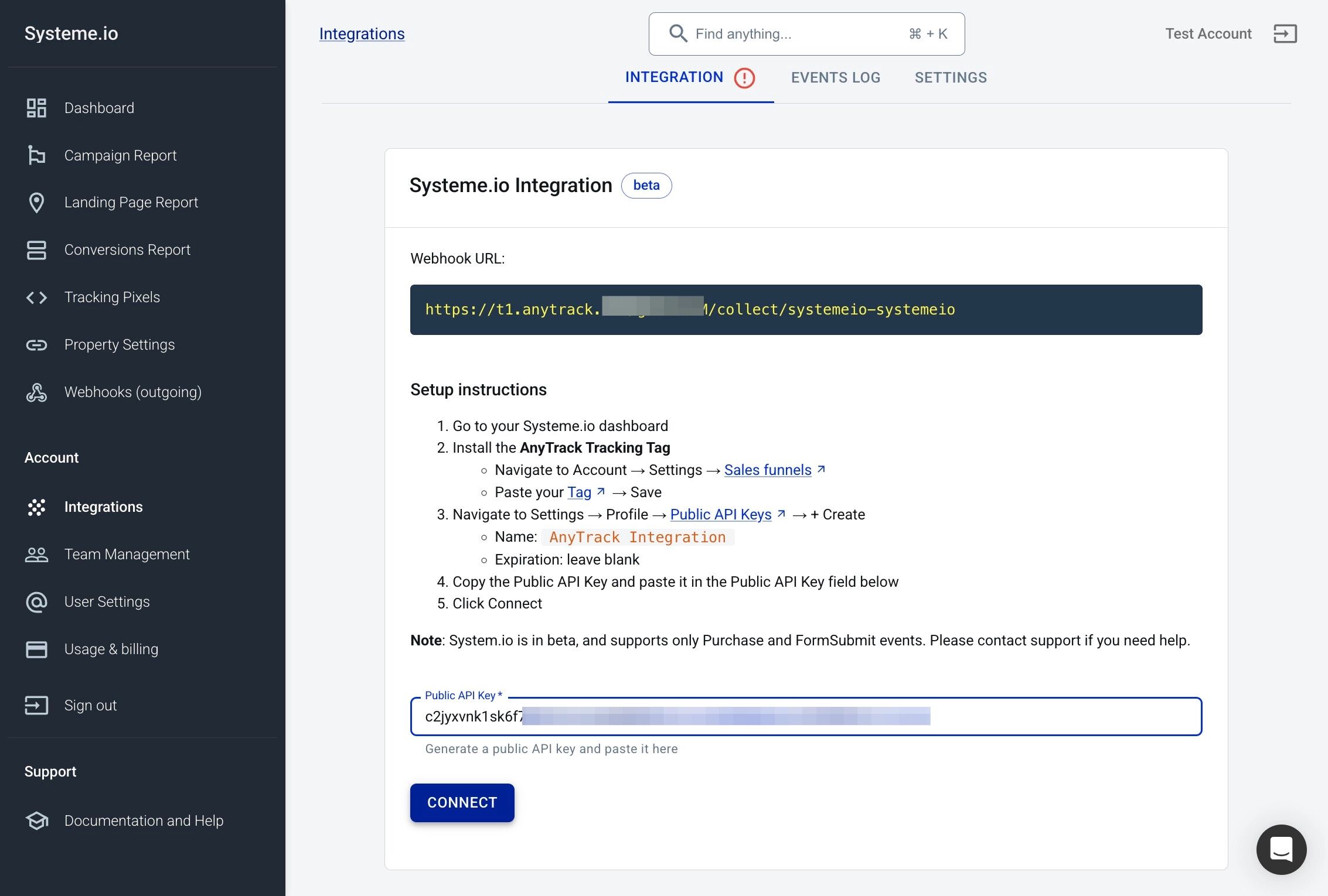 Validating Systeme.io API key connection in AnyTrack