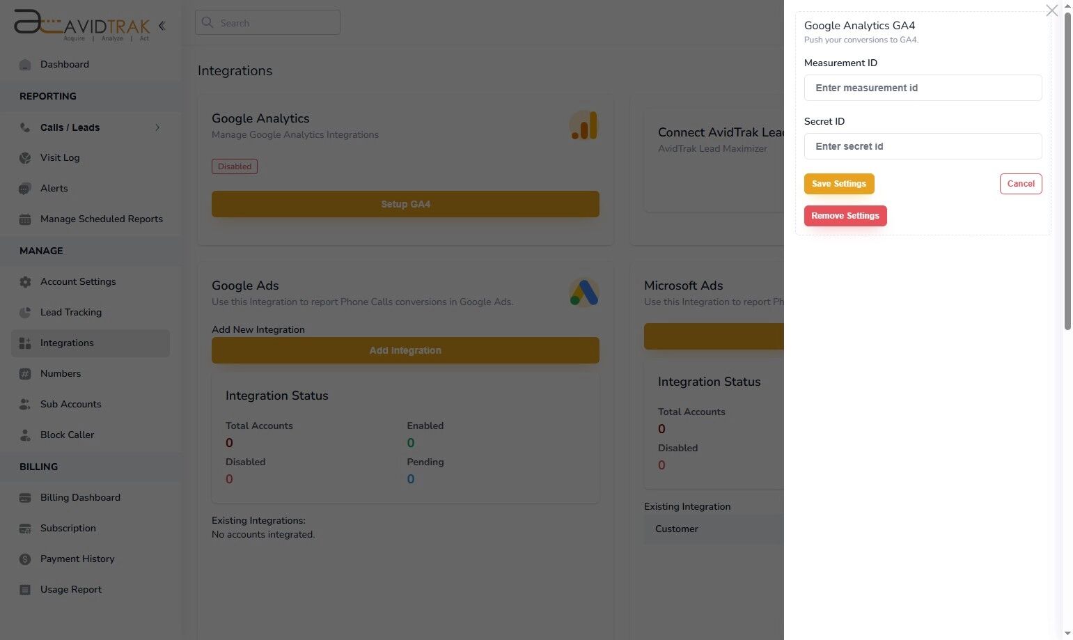 Google Analytics GA-4 Integration in AvidTrak