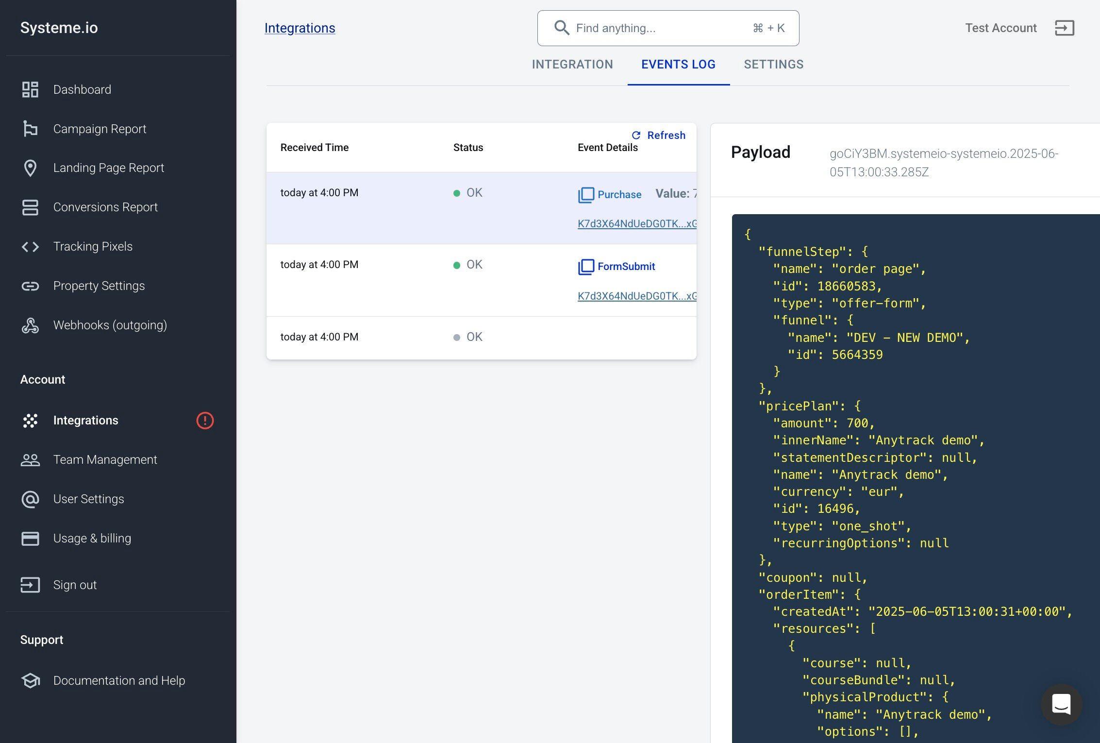 Inspecting conversion events from Systeme.io in AnyTrack