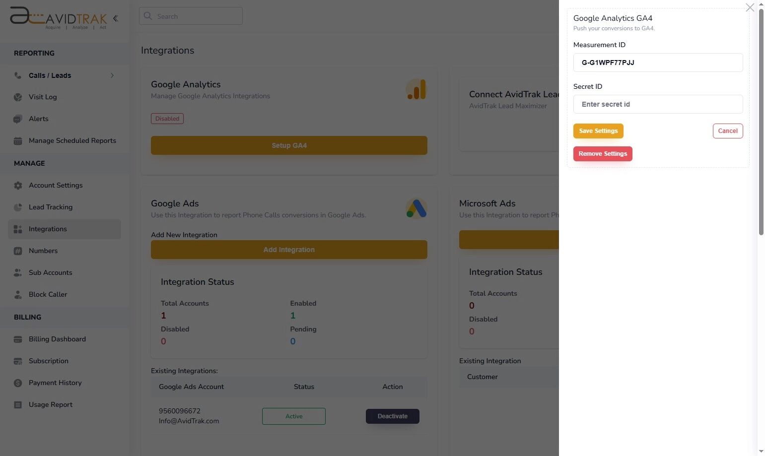 Google Analytics GA-4 Integration in AvidTrak