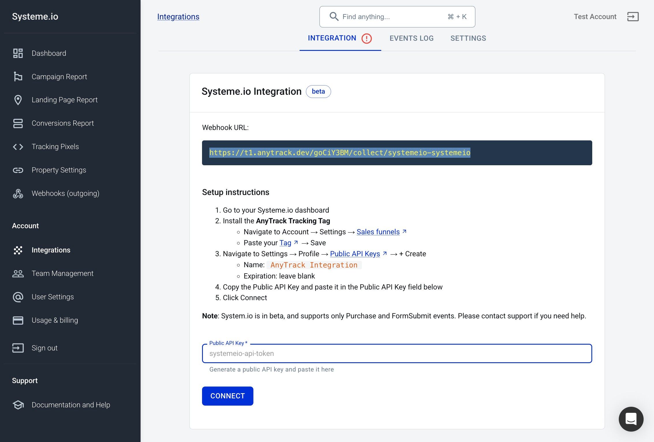 Pasting Systeme.io API key in AnyTrack integration settings