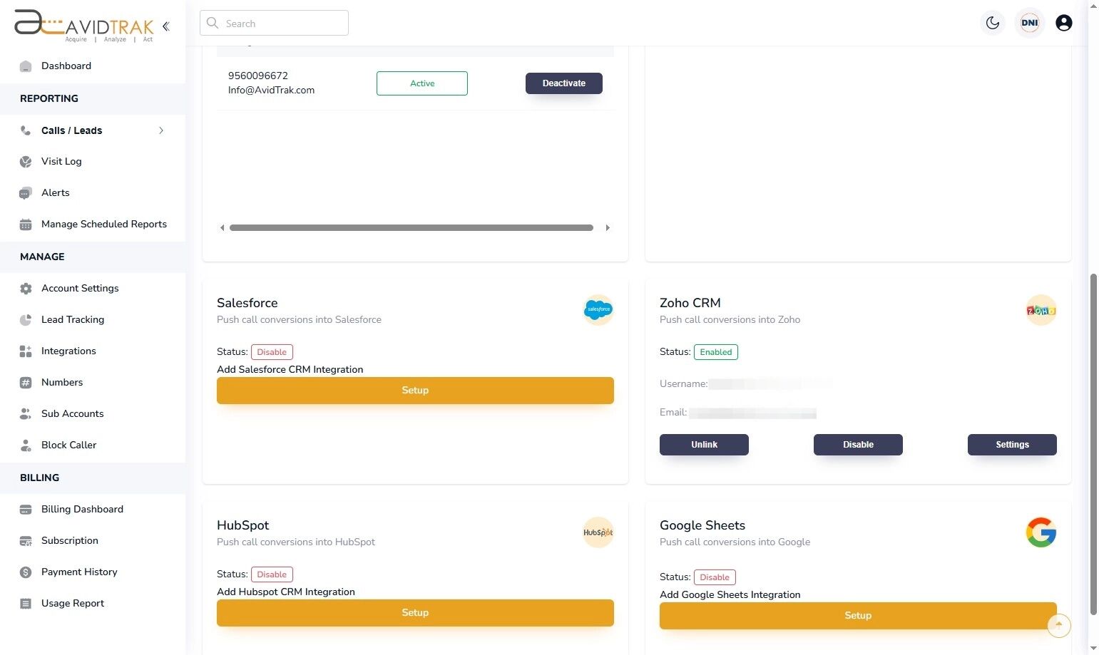 Zoho Integration with Avidtrak