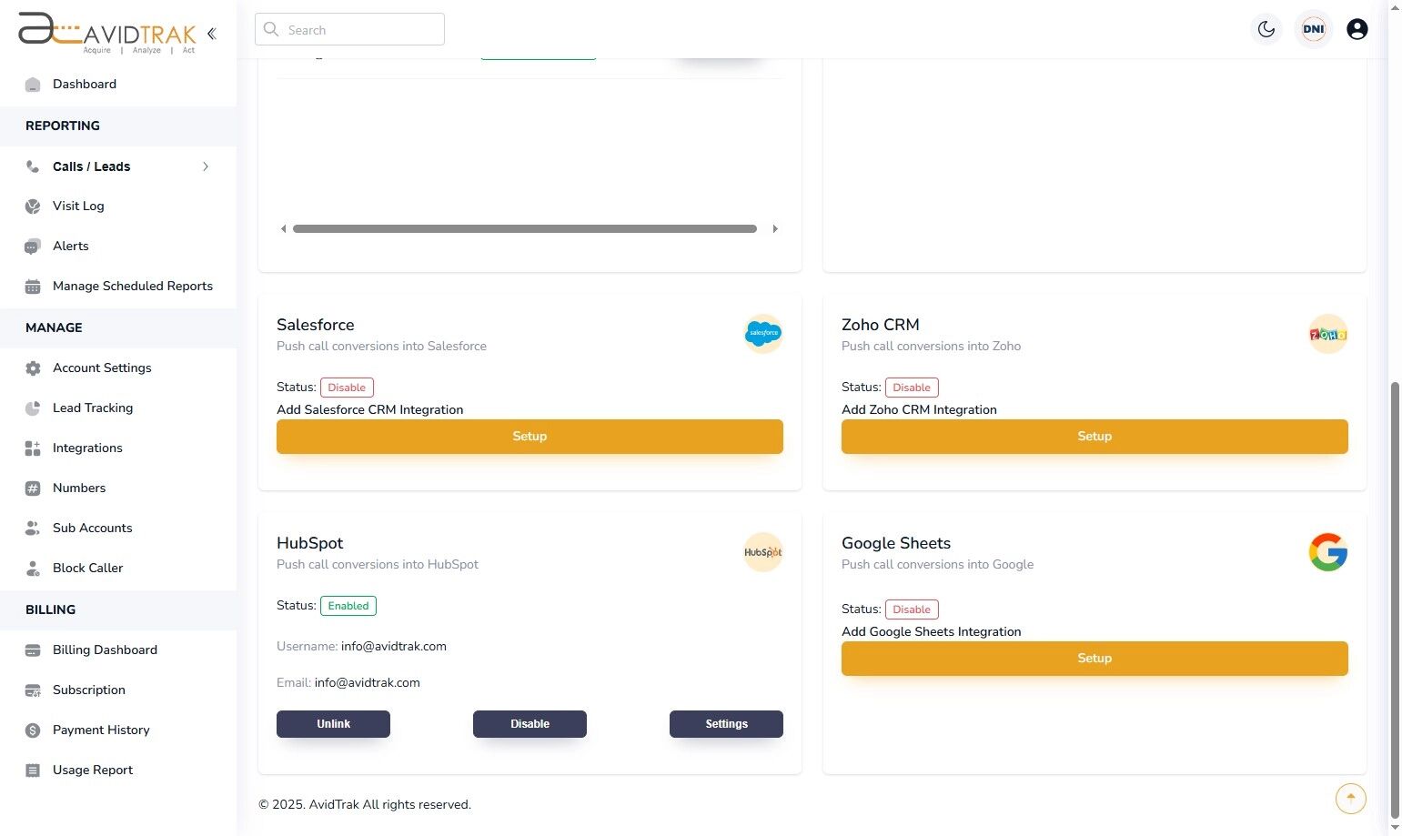 HubSpot Integrations in AvidTrak