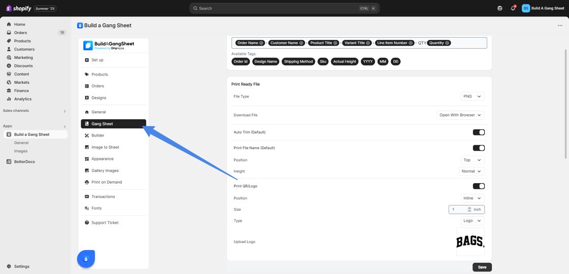 Click Gang Sheet Tab