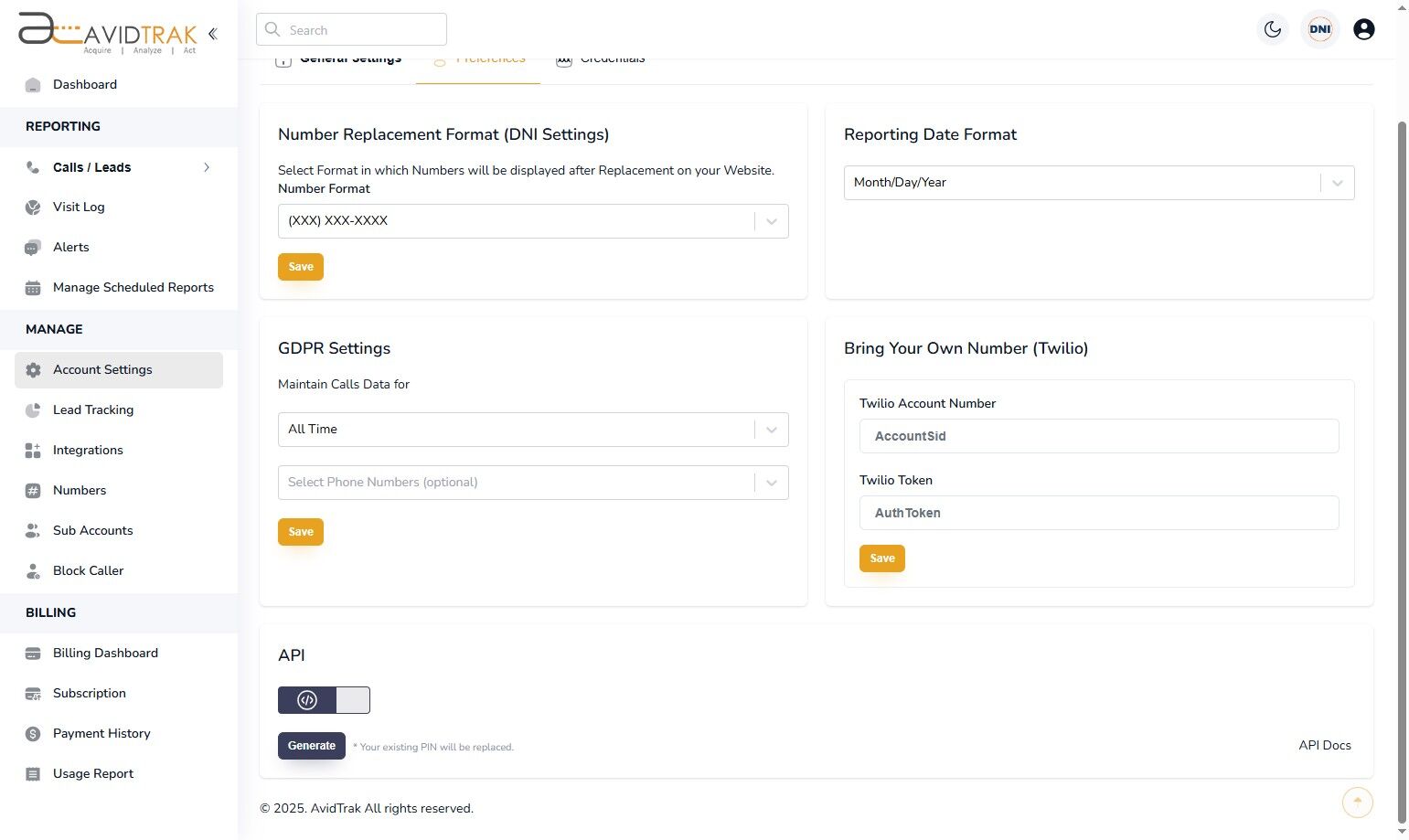 Custom Account Preferences