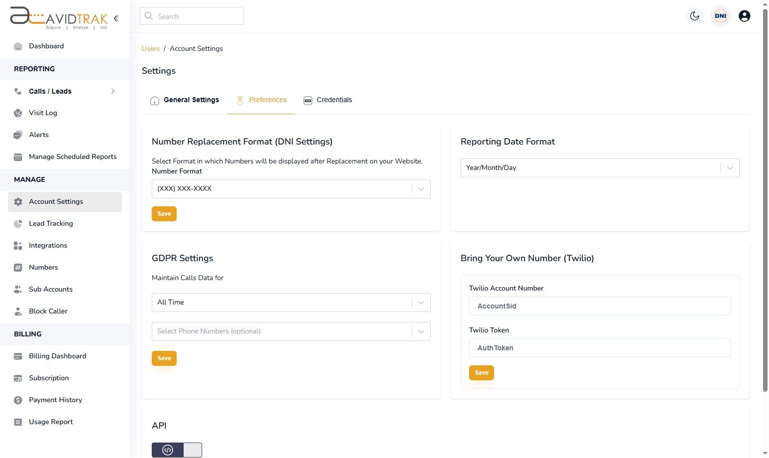 Custom Account Preferences