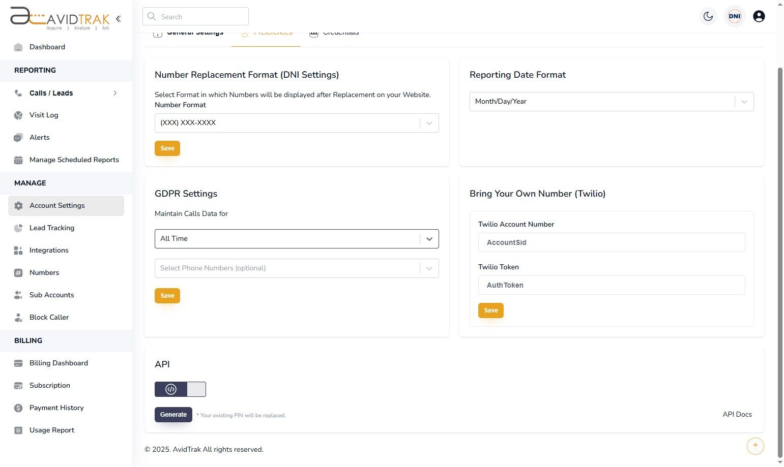 Custom Account Preferences