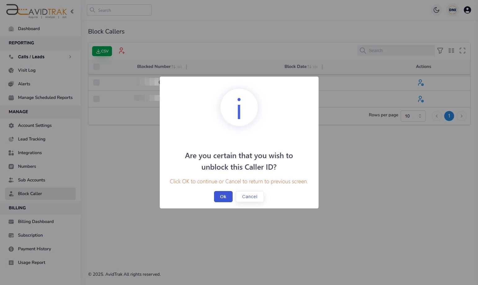 manifest of blocked caller IDs