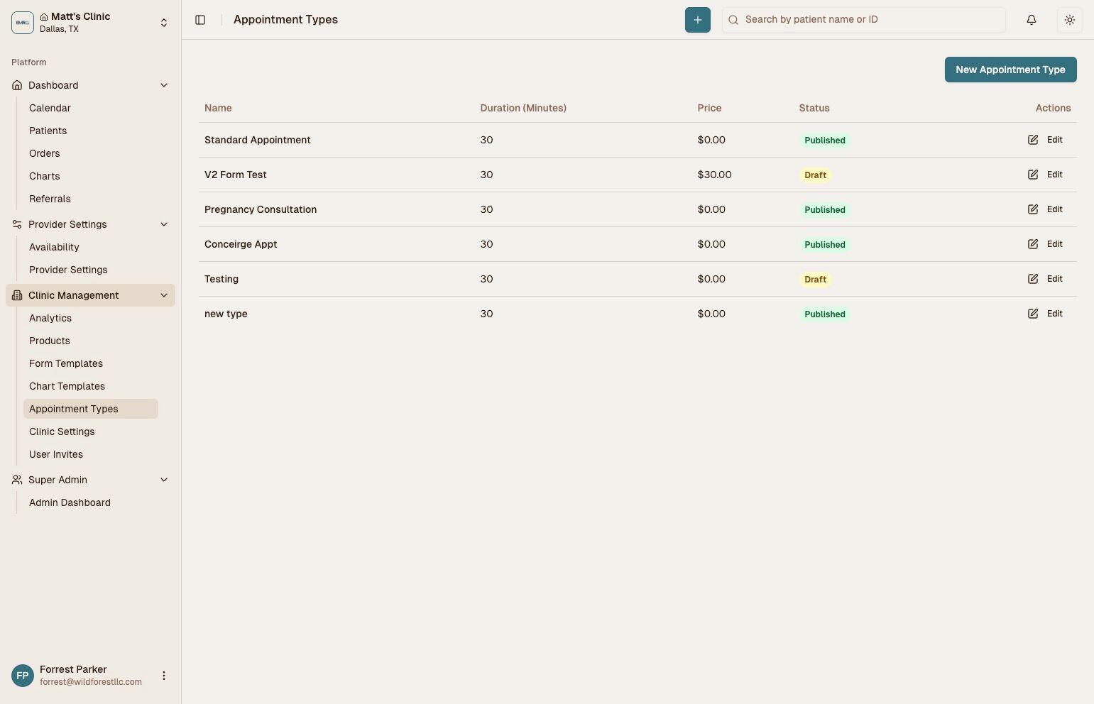 Appointment Types Tab