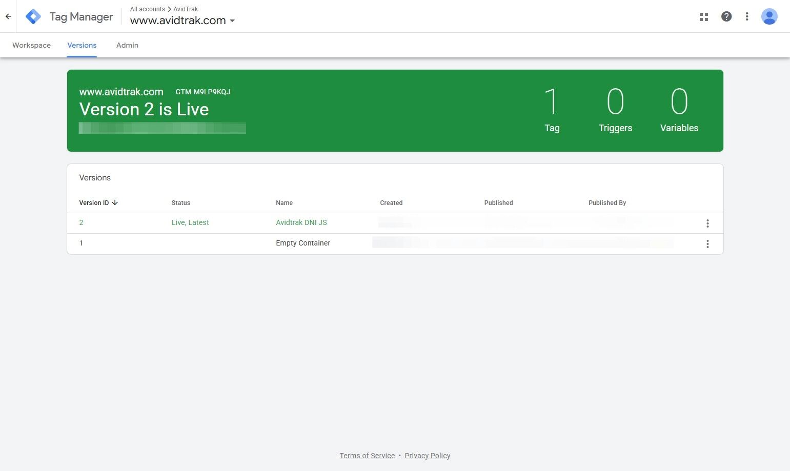 Admin Google Tag Manager for AvidTrak