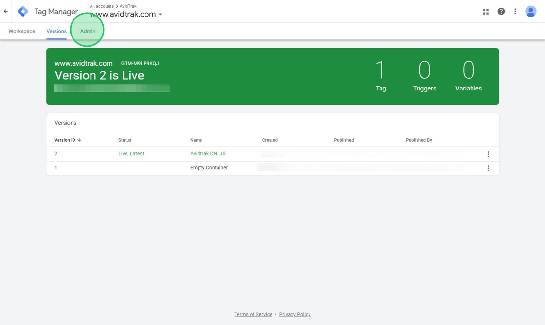 Admin Google Tag Manager for AvidTrak