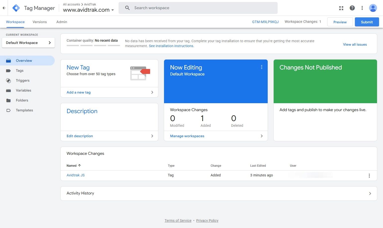 Submitt Google Tag Manager for AvidTrak