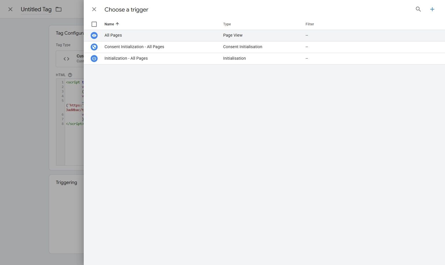 Choose trigger for Google Tag Manager