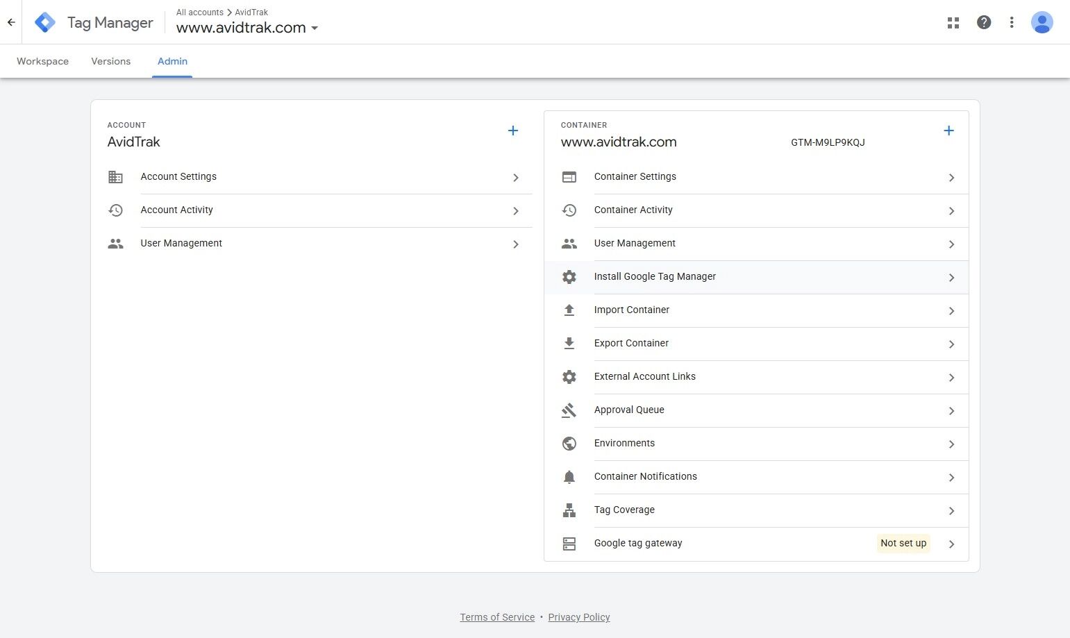 Admin setup Google Tag Manager for AvidTrak