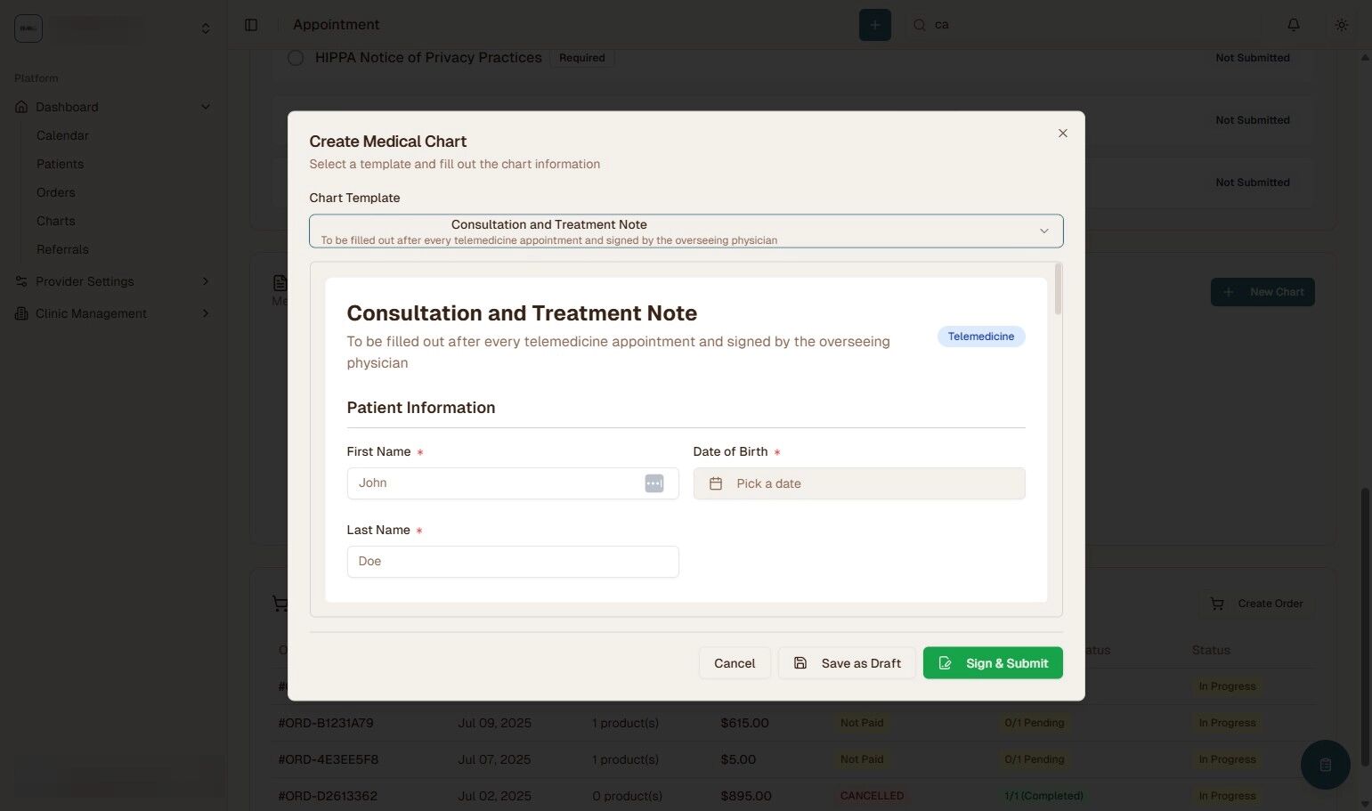 Fill Out Treatment Note