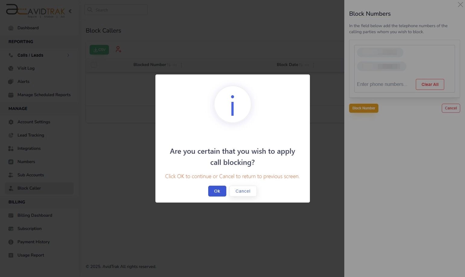 Reconfirm Block and Unblock Telephone Numbers