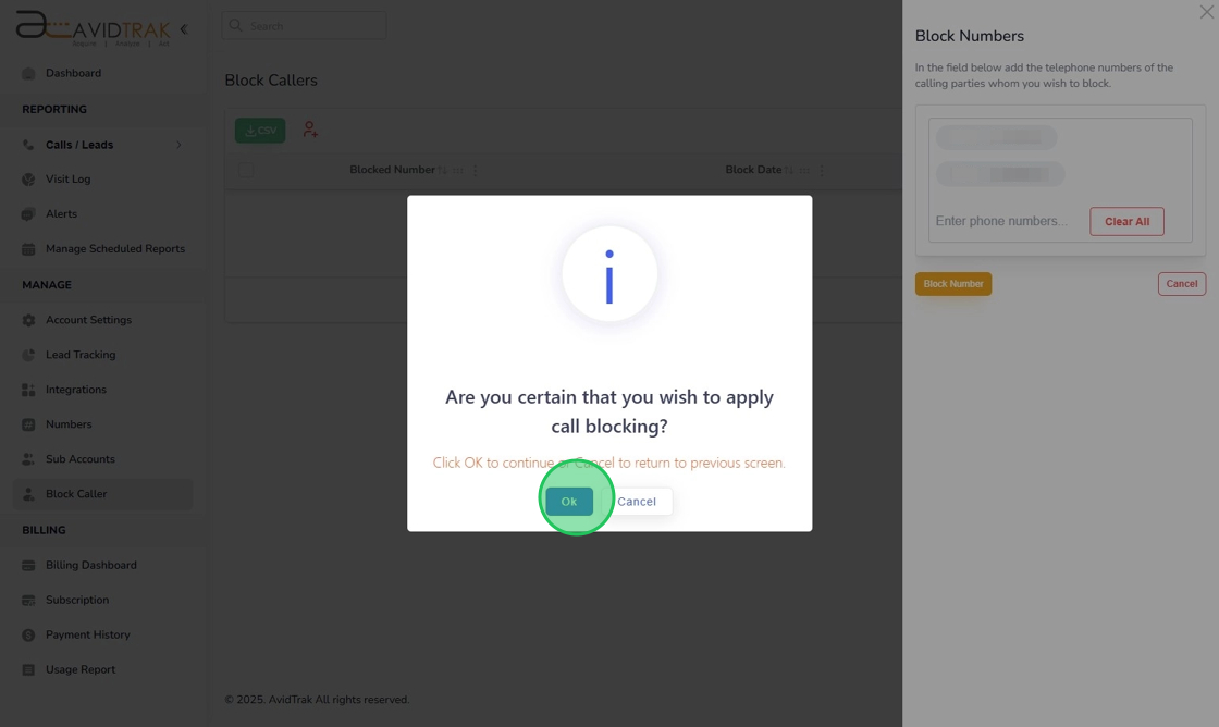Reconfirm Block and Unblock Telephone Numbers