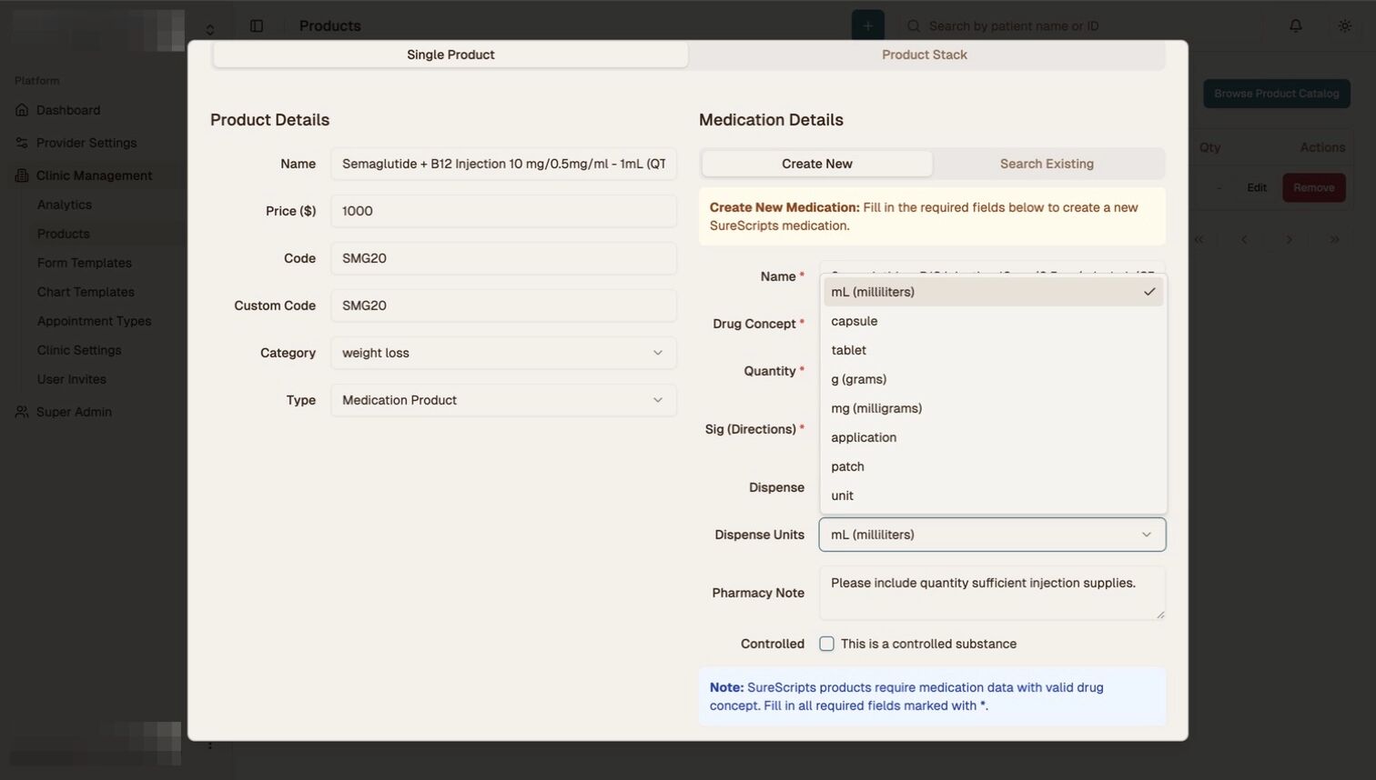 Dispense Units Selection