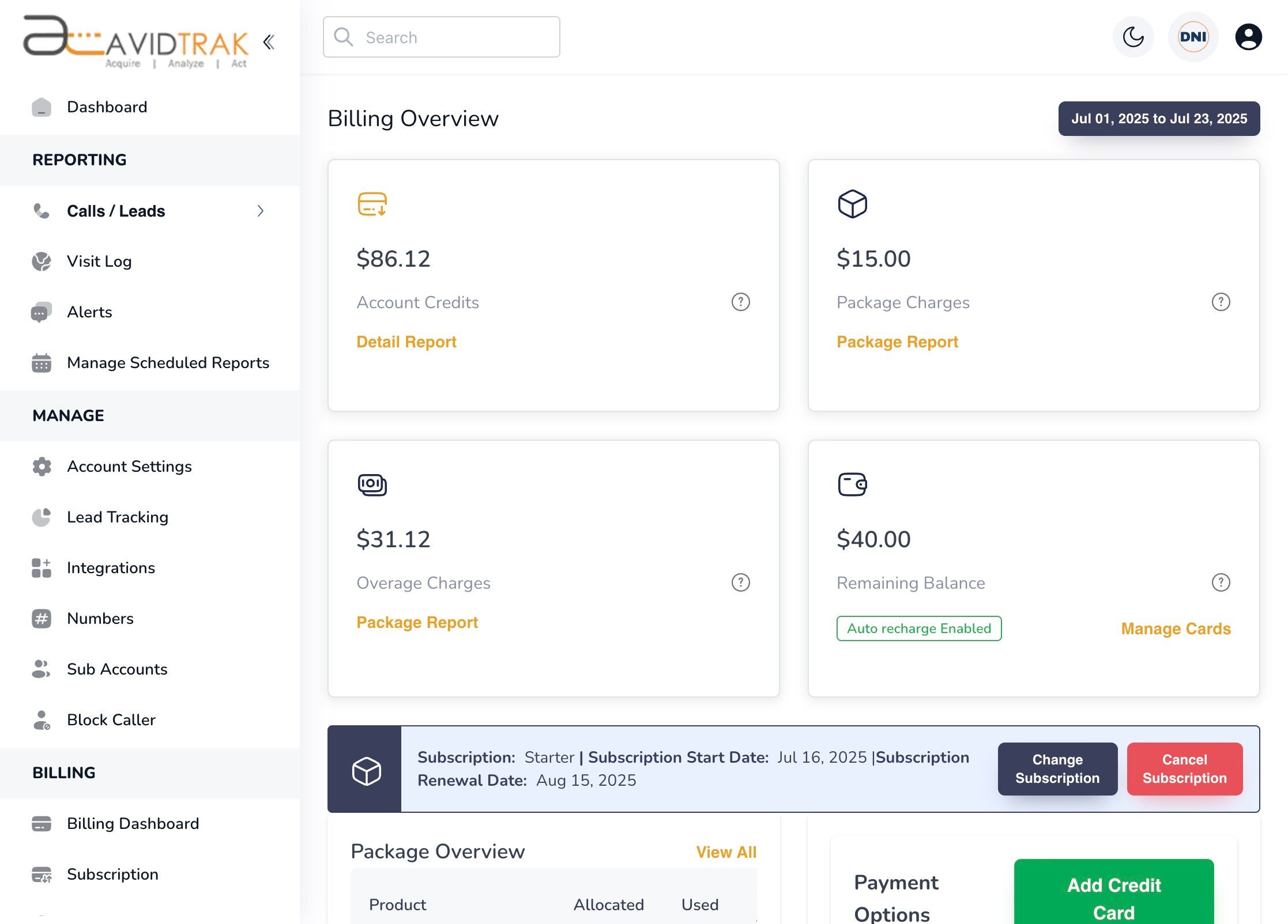 AvidTrak Billing Dashboard