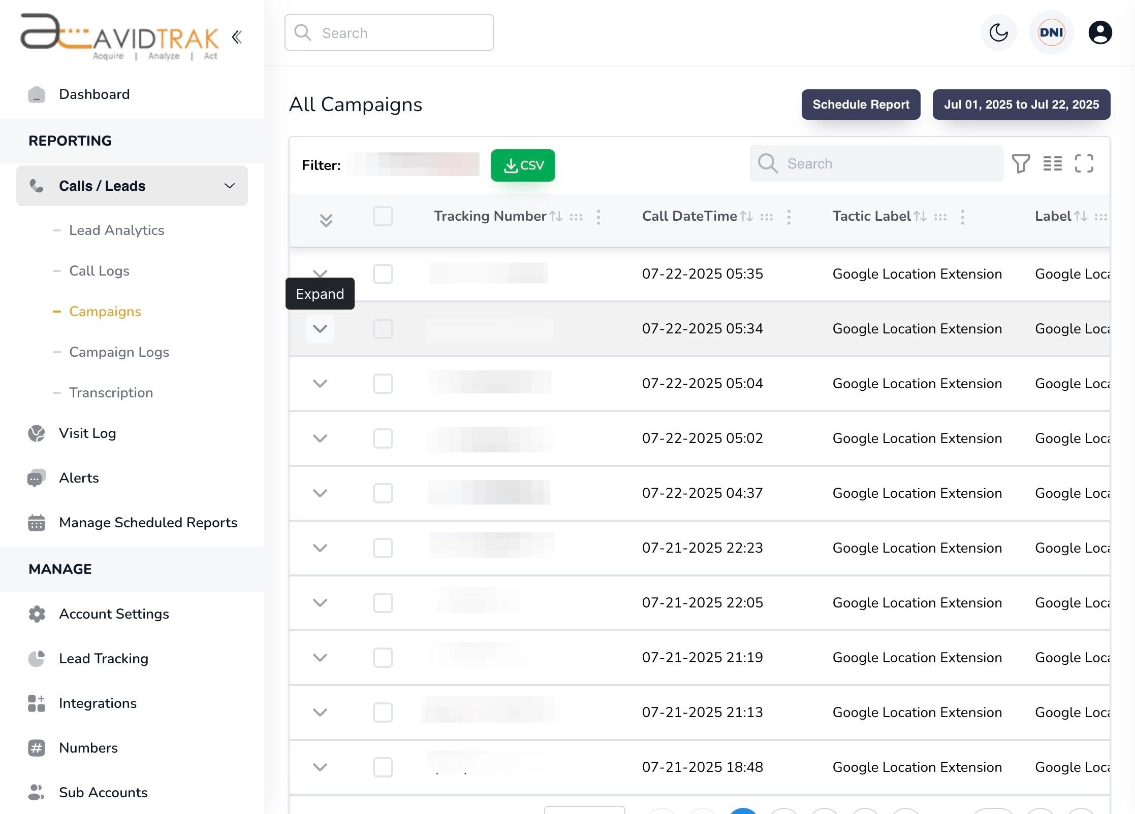 Campaign Call Statistics on AvidTrak