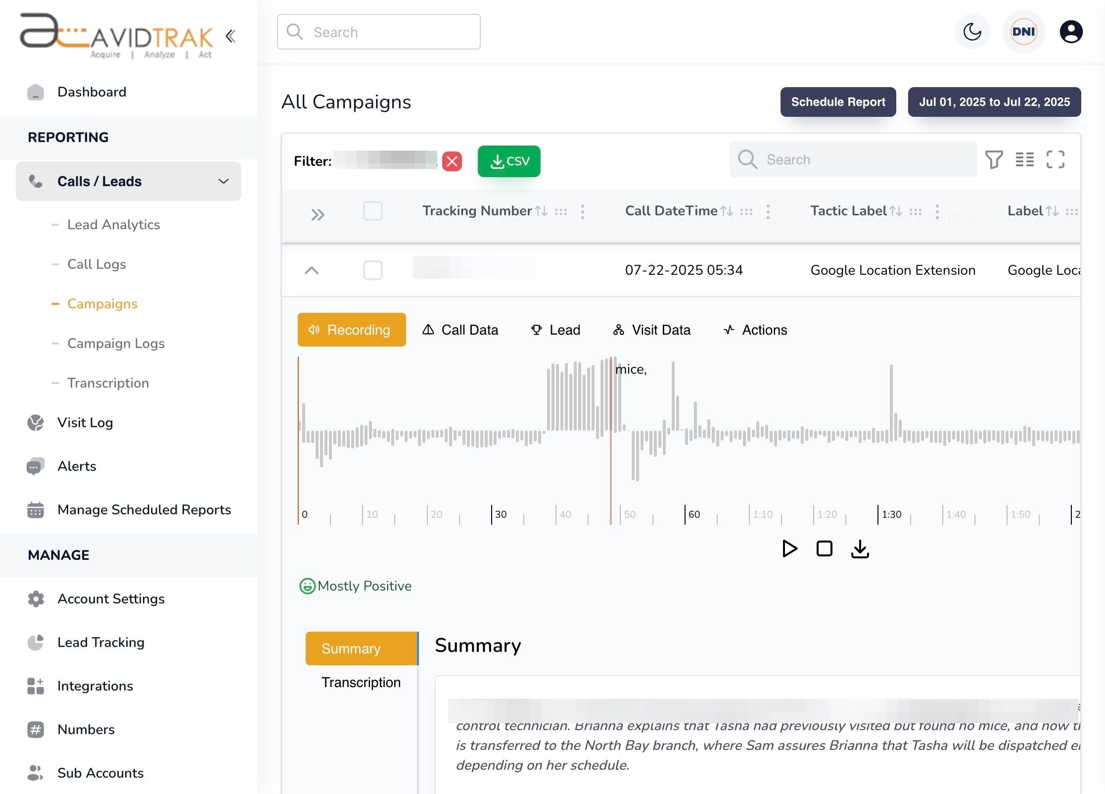 Campaign Call Statistics on AvidTrak