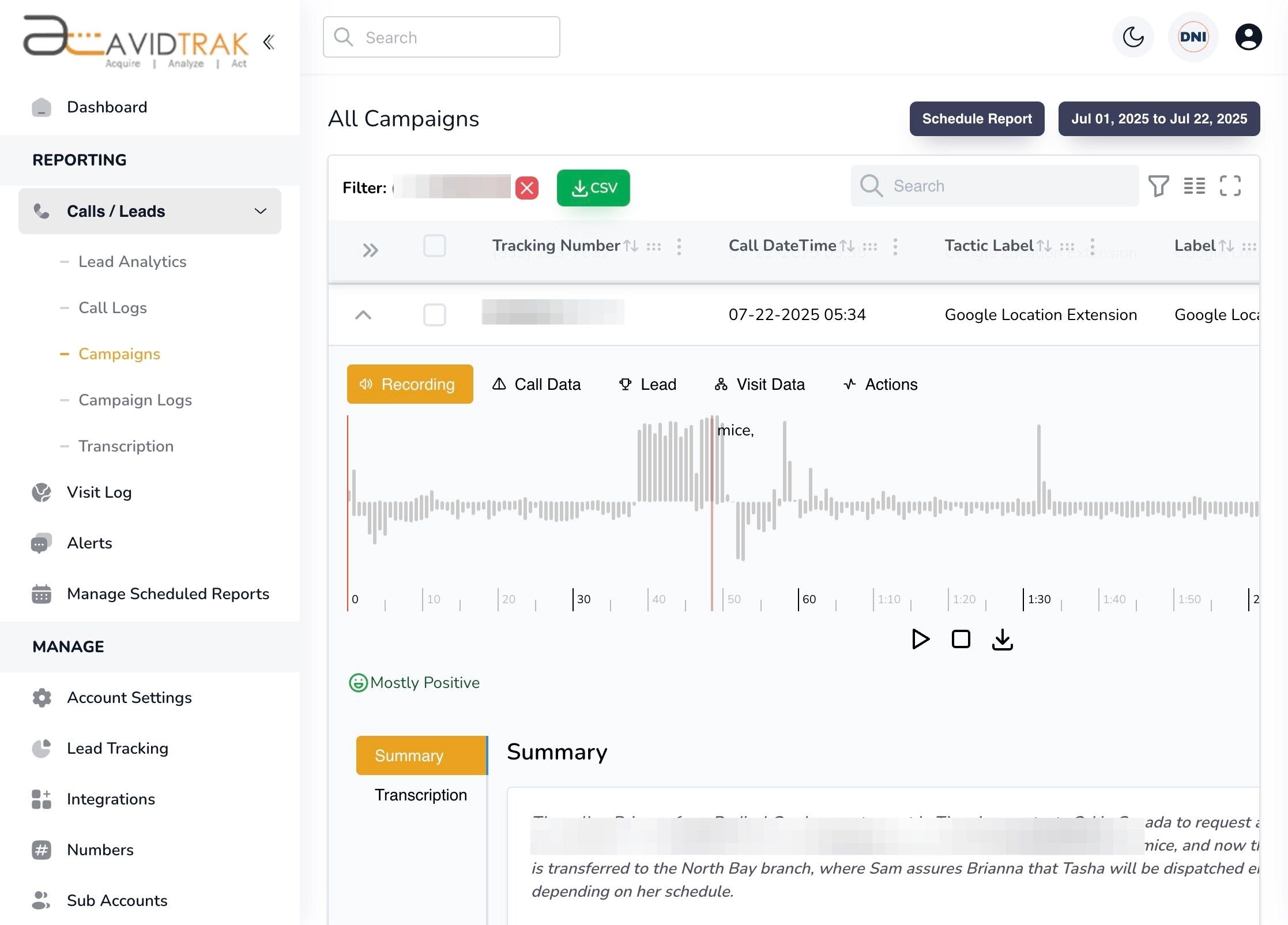 Campaign Call Statistics on AvidTrak