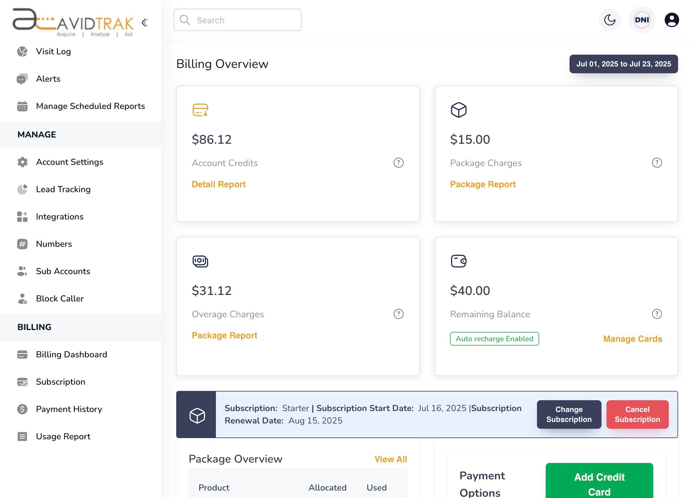 AvidTrak Billing Dashboard