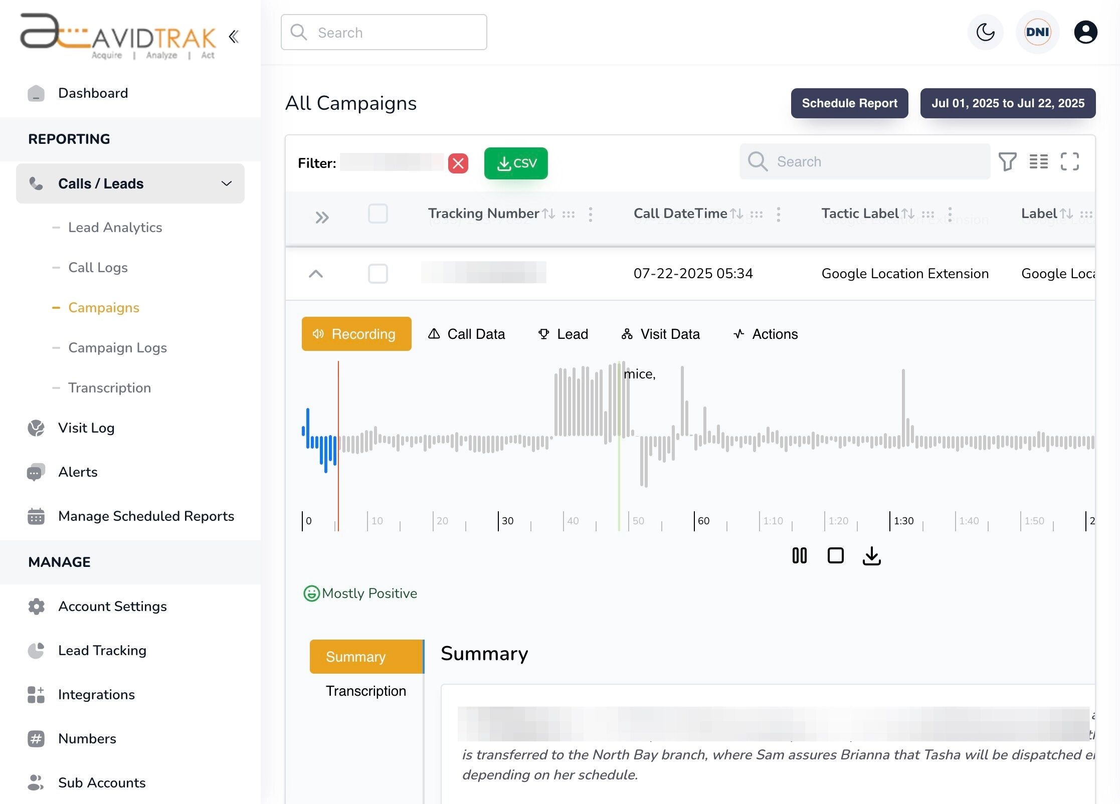 Campaign Call Statistics on AvidTrak