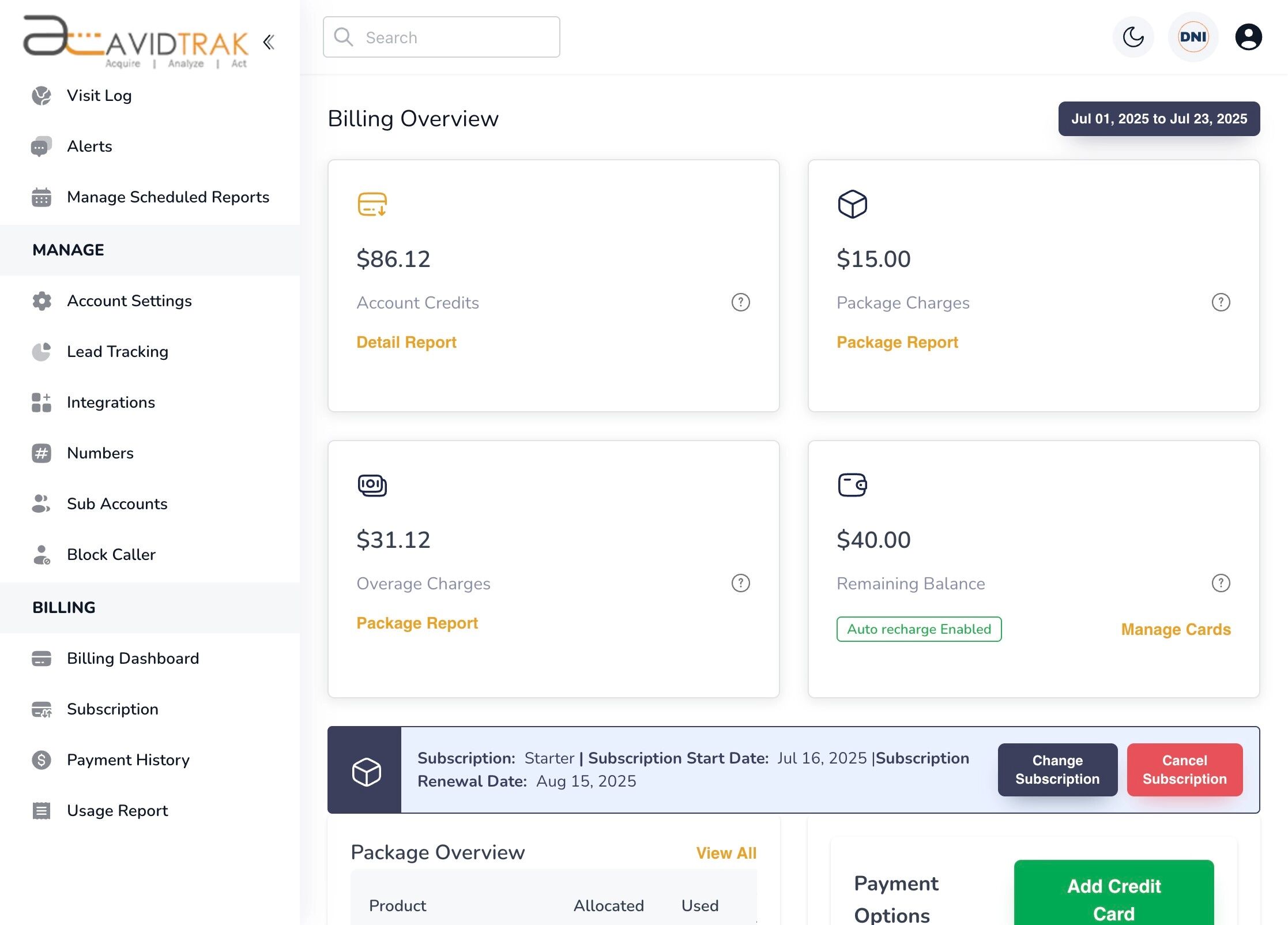 AvidTrak Billing Dashboard