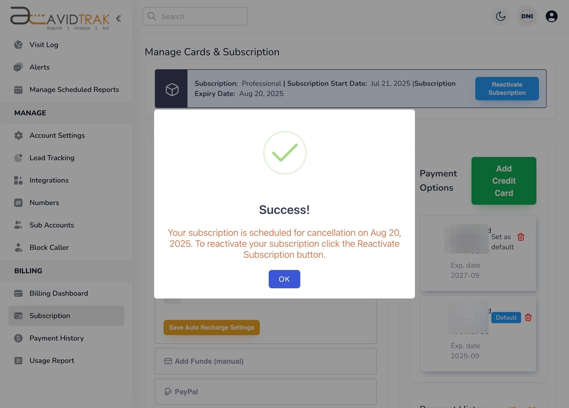 Cancel Your Subscription Package in AvidTrak