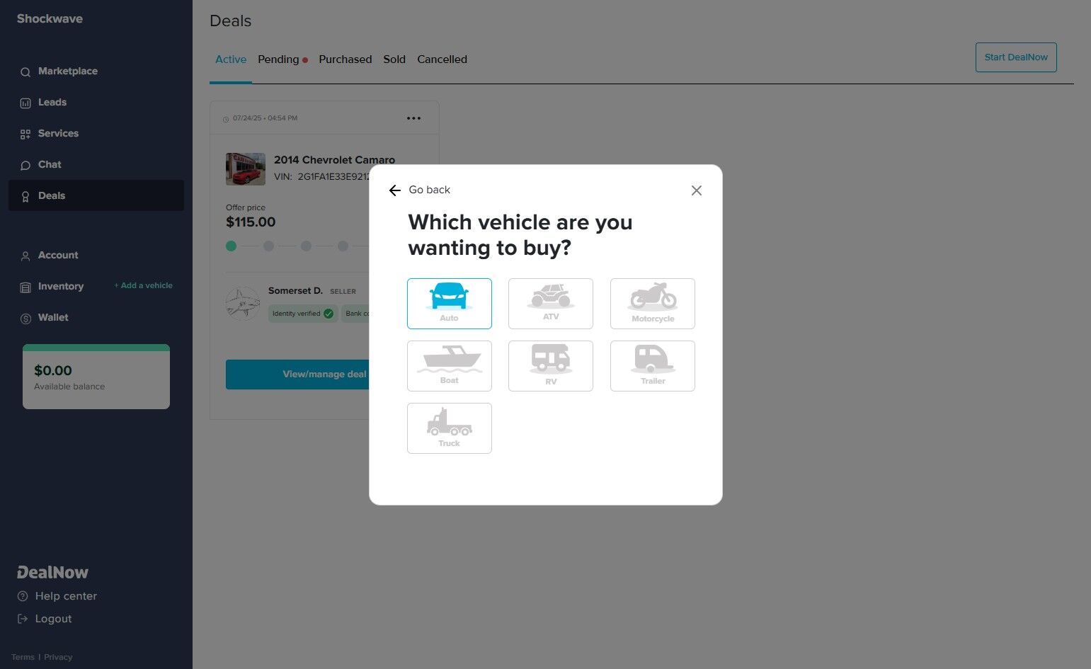 Pop-up window titled “Which vehicle are you wanting to buy?” showing vehicle type options such as Auto, ATV, Motorcycle, Boat, RV, and Trailer. The “Auto” option is selected.