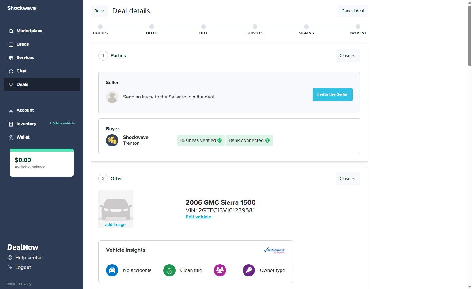 “Deal details” page showing buyer and seller sections. The buyer “Shockwave Trenton” is verified, and the “Invite the Seller” button is highlighted.