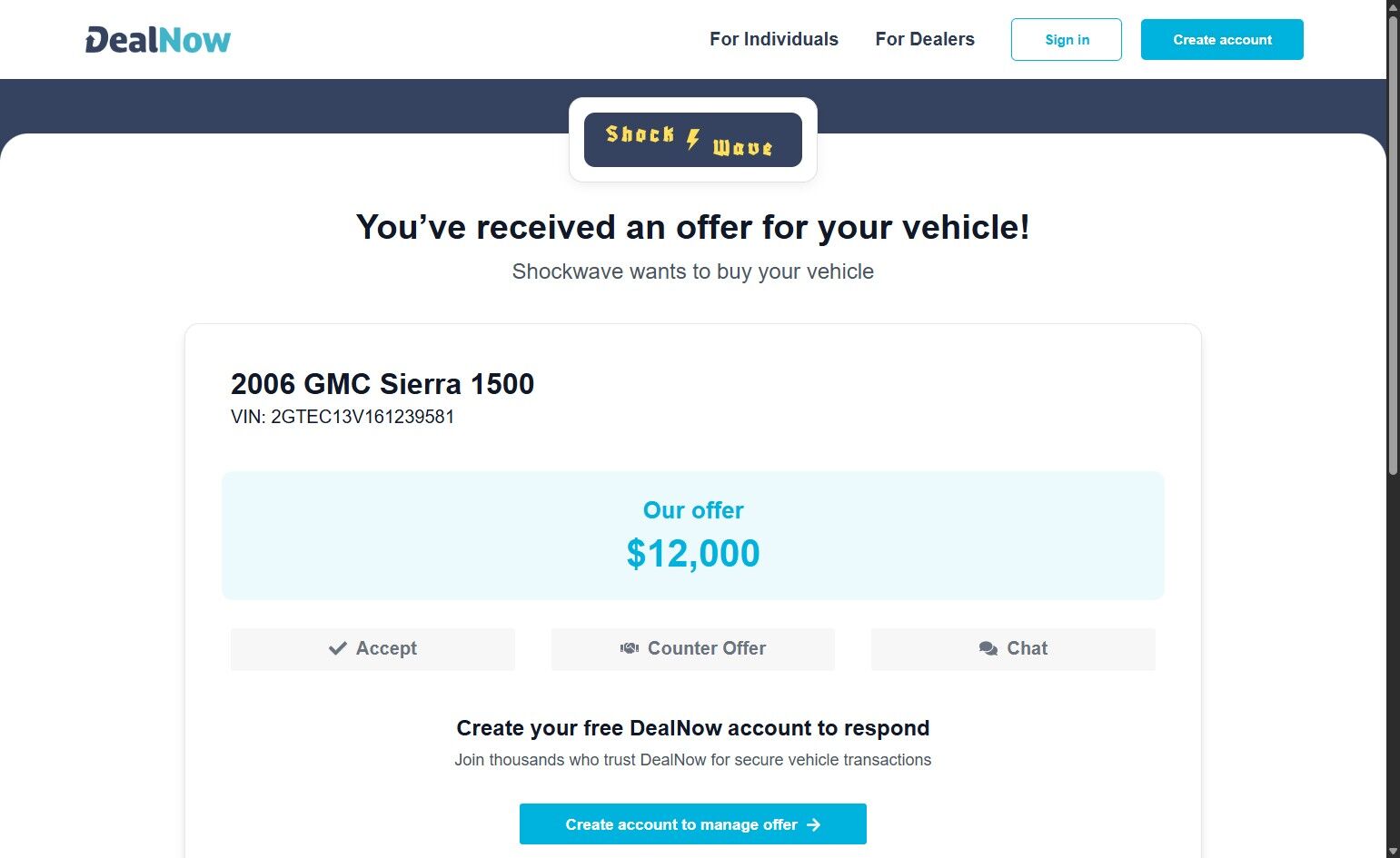 Offer page showing that Shockwave has sent an offer for a 2006 GMC Sierra 1500 for $12,000. The options “Accept,” “Counter Offer,” and “Chat” appear below the offer.