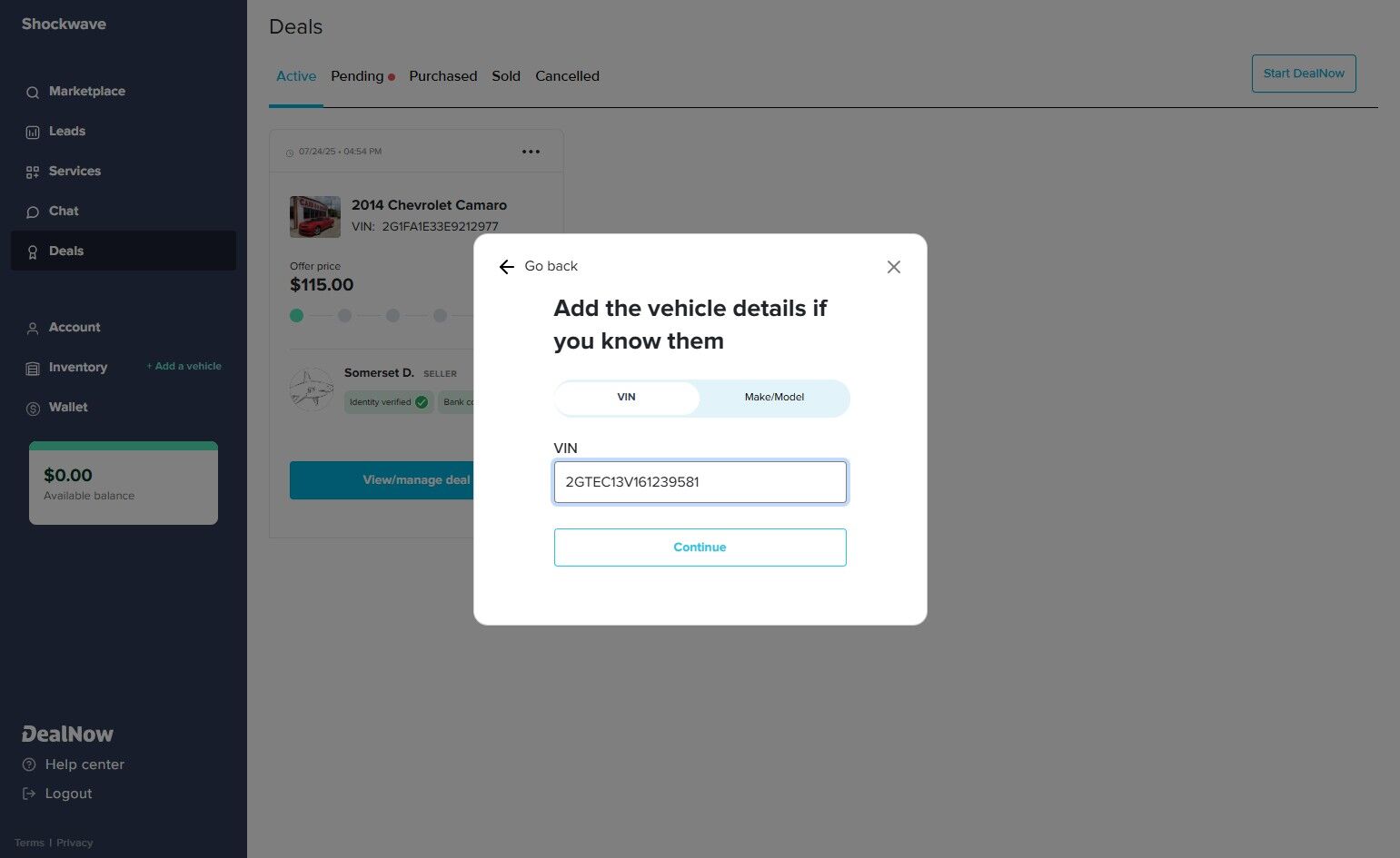 Pop-up titled “Add the vehicle details if you know them,” showing VIN and Make/Model input tabs. A VIN number has been entered in the VIN field.