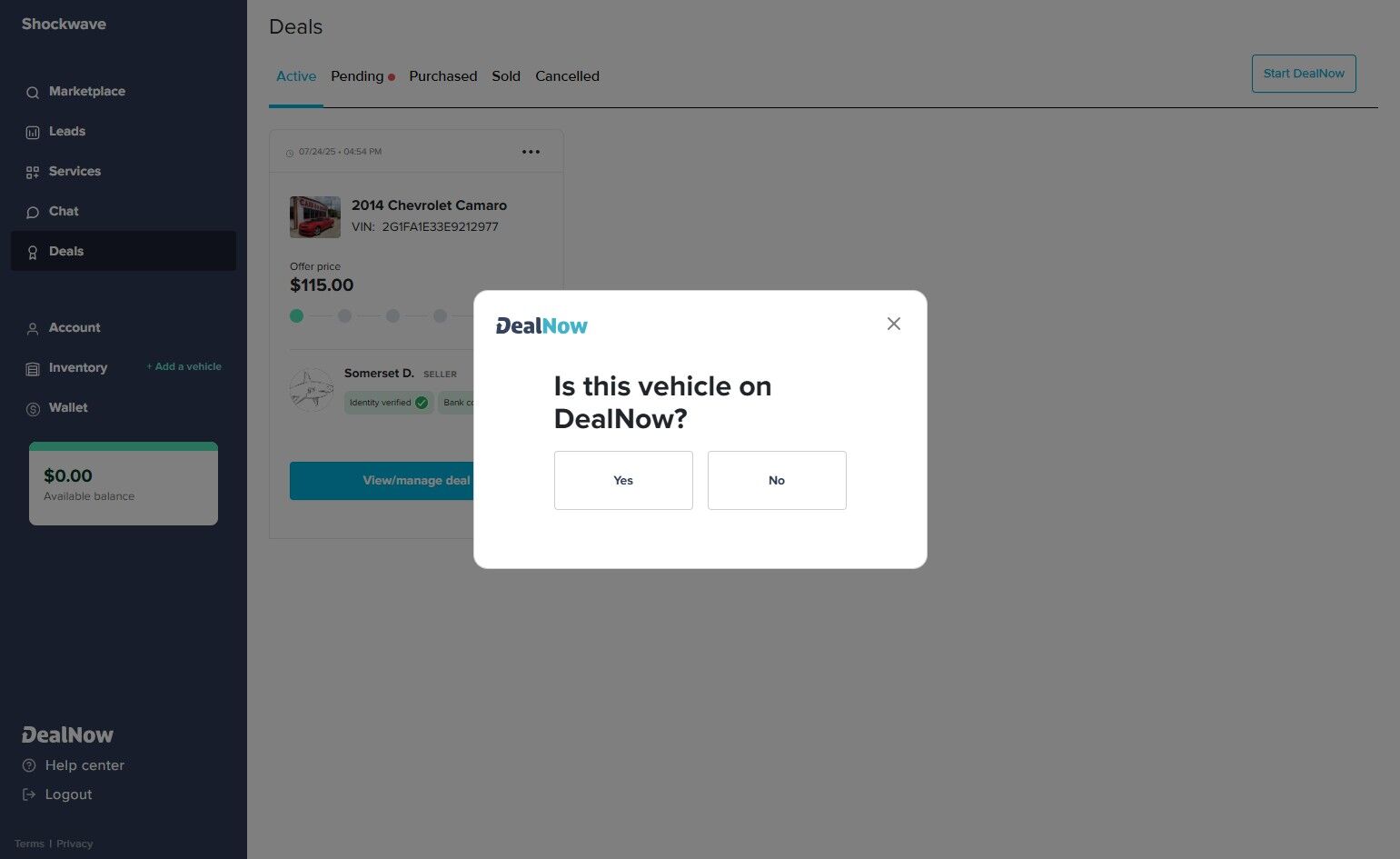 Pop-up window titled “Is this vehicle on DealNow?” showing two options — “Yes” and “No.” The “No” button is highlighted.