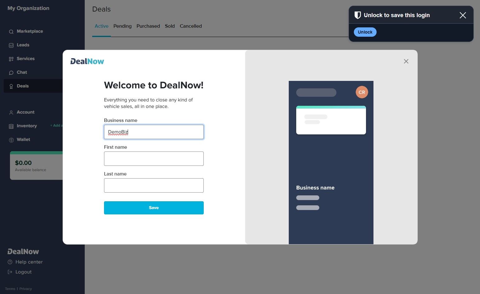 Welcome to DealNow modal with fields for business name and user first and last name and Save button