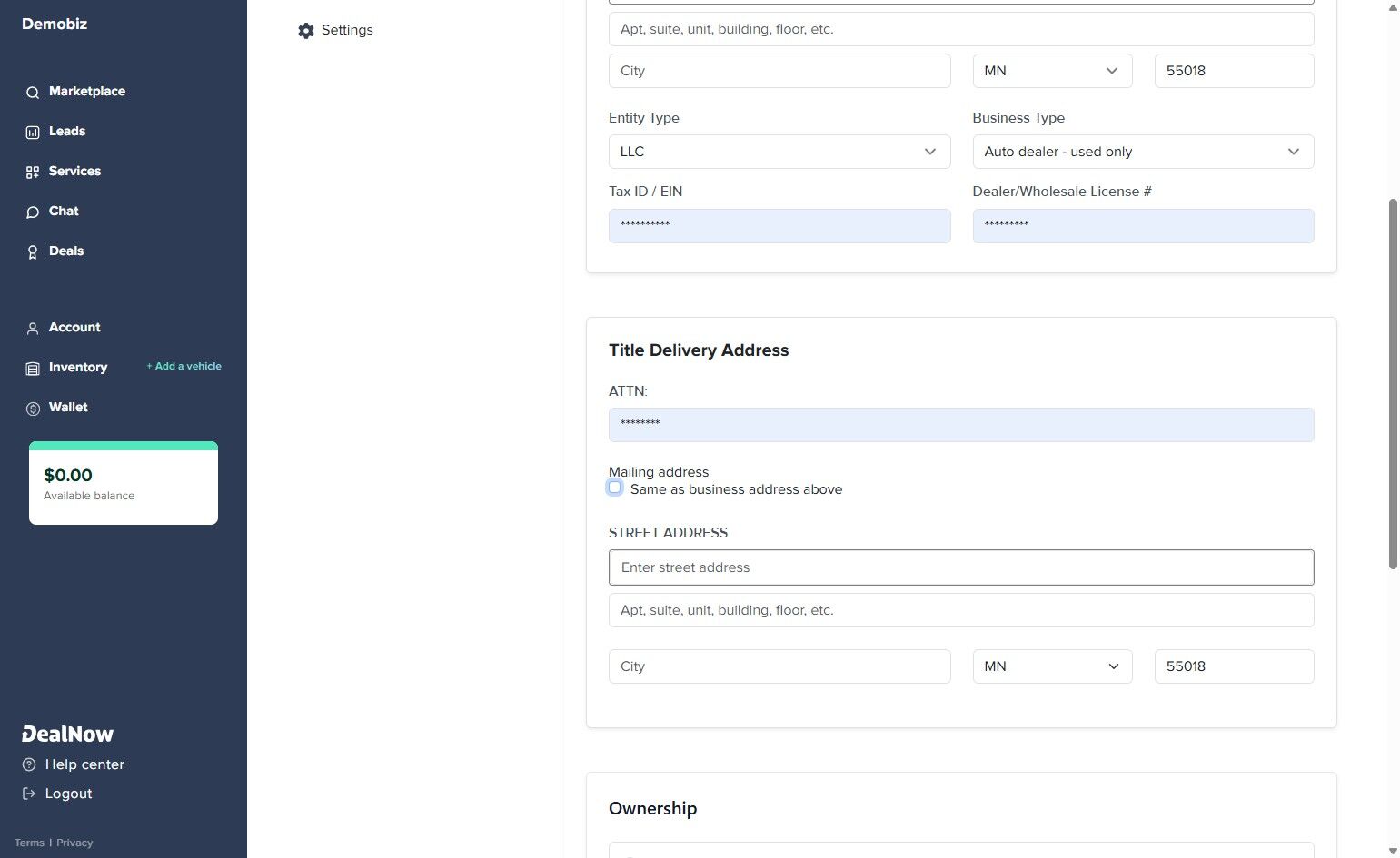 Title Delivery Address section with ATTENTION line, same-as checkbox, and street/city/state/ZIP fields