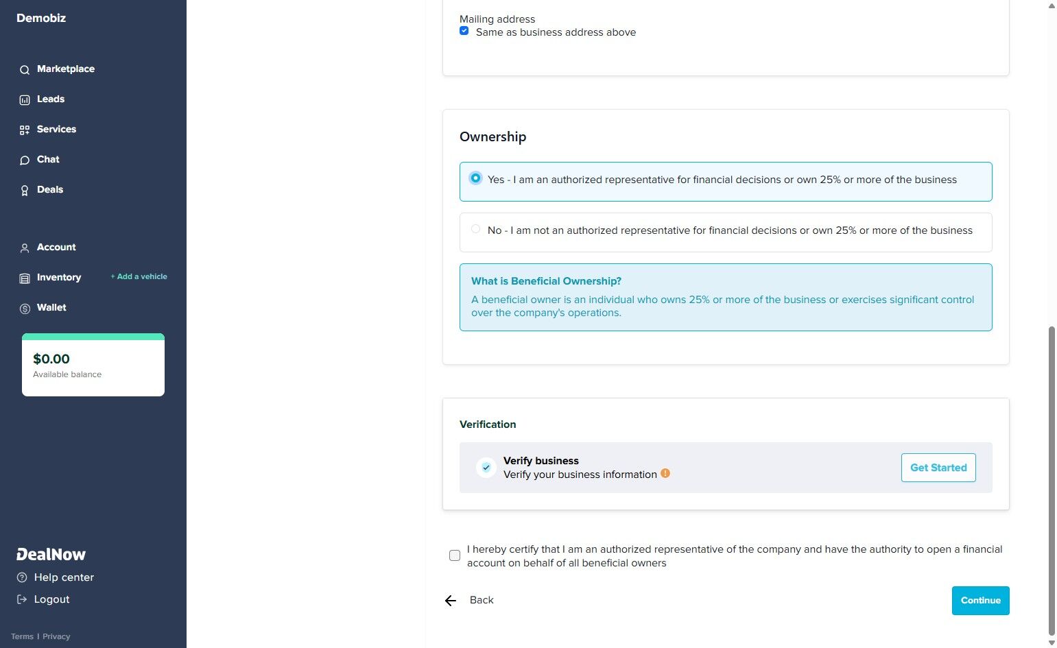 Ownership set to Yes with Verify business card and Get Started button, certification checkbox and Continue button below