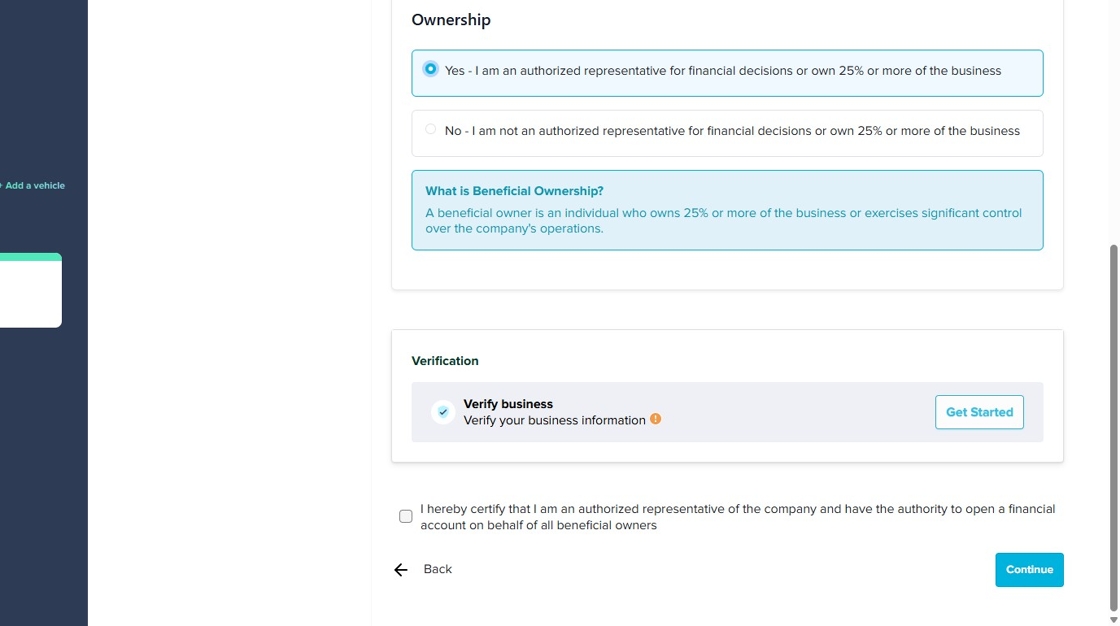Ownership set to Yes with Verify business card and Get Started button, certification checkbox and Continue button below