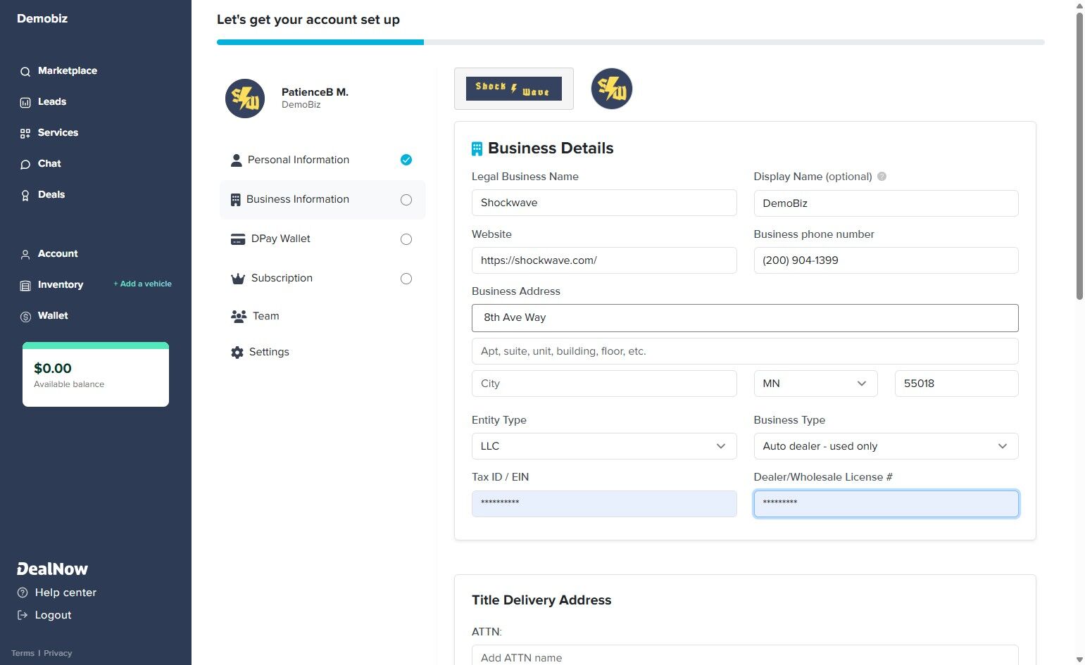 Business Details form with legal name, website, phone, address, entity type, business type, EIN, and dealer license fields