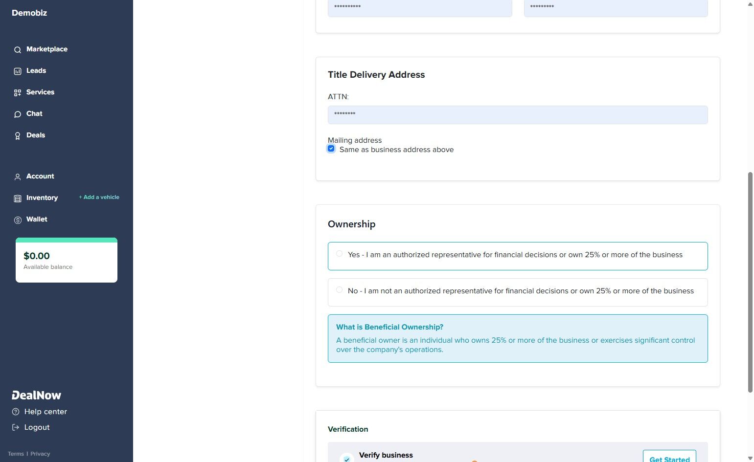Ownership section with radio buttons for authorized representative Yes/No and Beneficial Ownership info panel