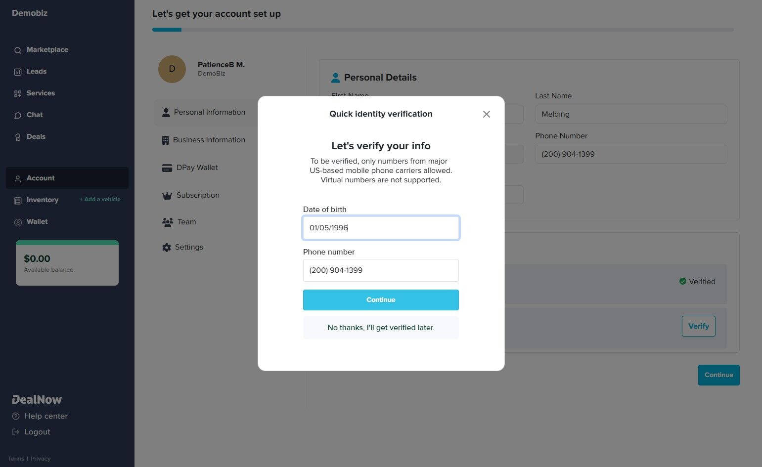 Quick identity verification modal requesting date of birth and phone number