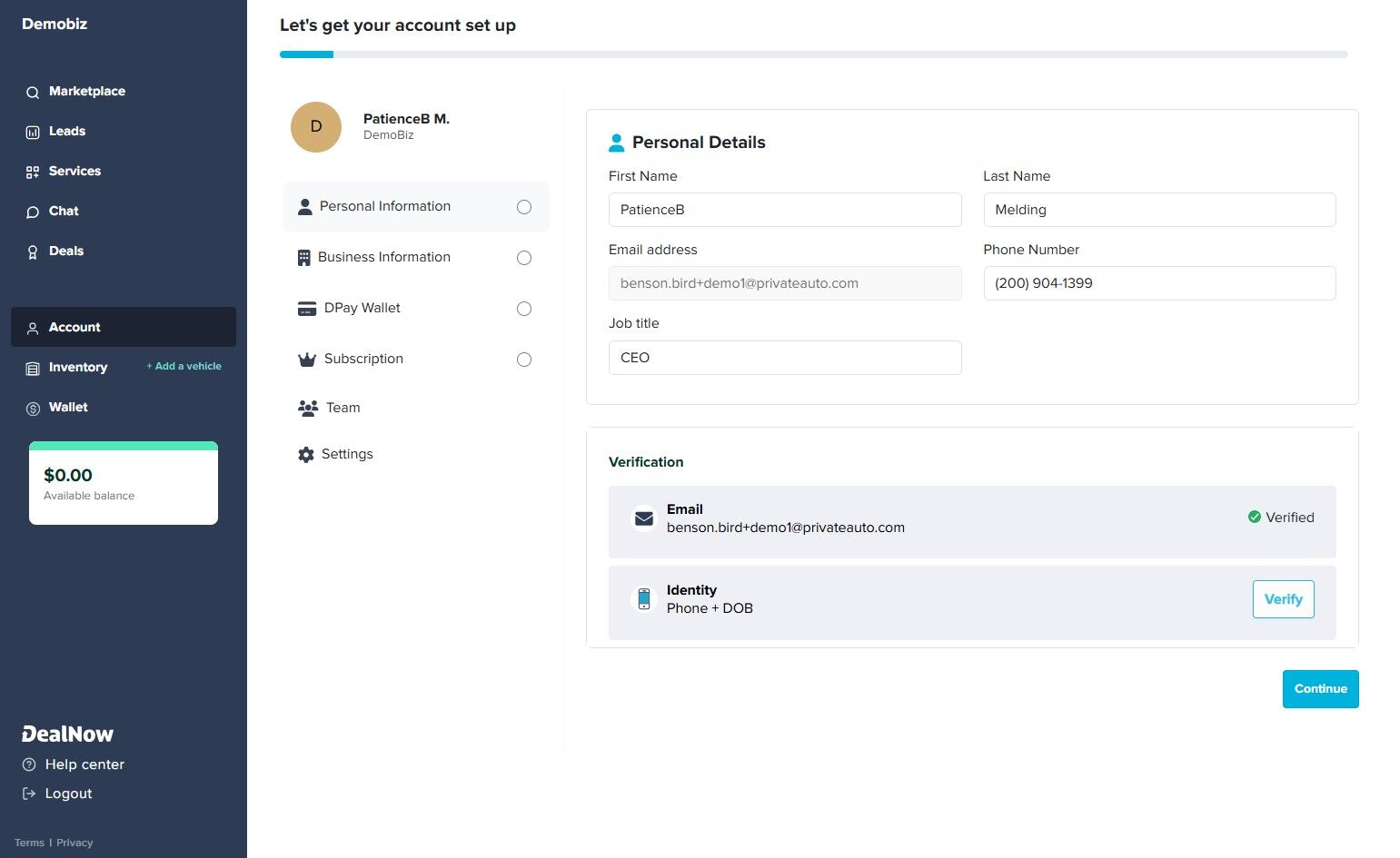 Personal Details form showing name, email, phone, job title with Email and Identity verification prompts