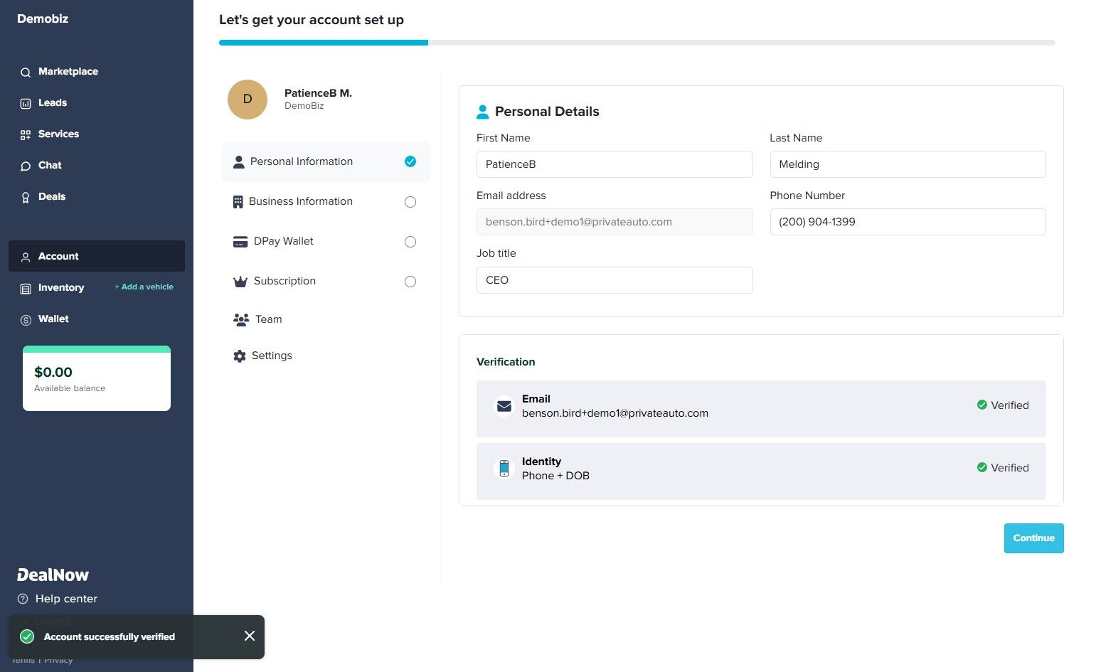 Identity verification review modal summarizing name, address, phone, and DOB with Continue button