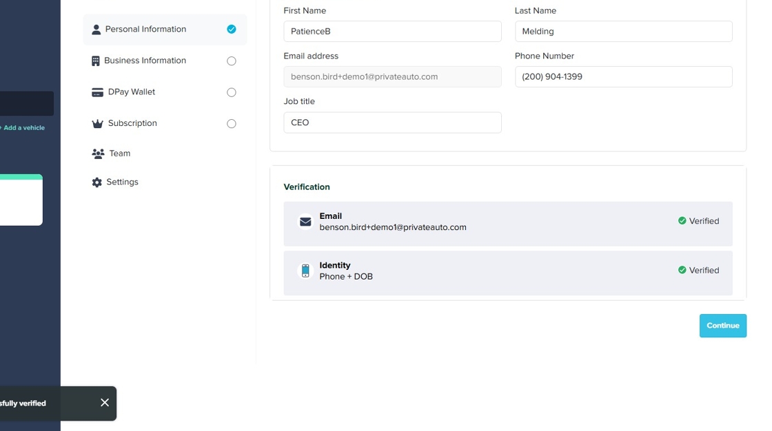 Identity verification review modal summarizing name, address, phone, and DOB with Continue button