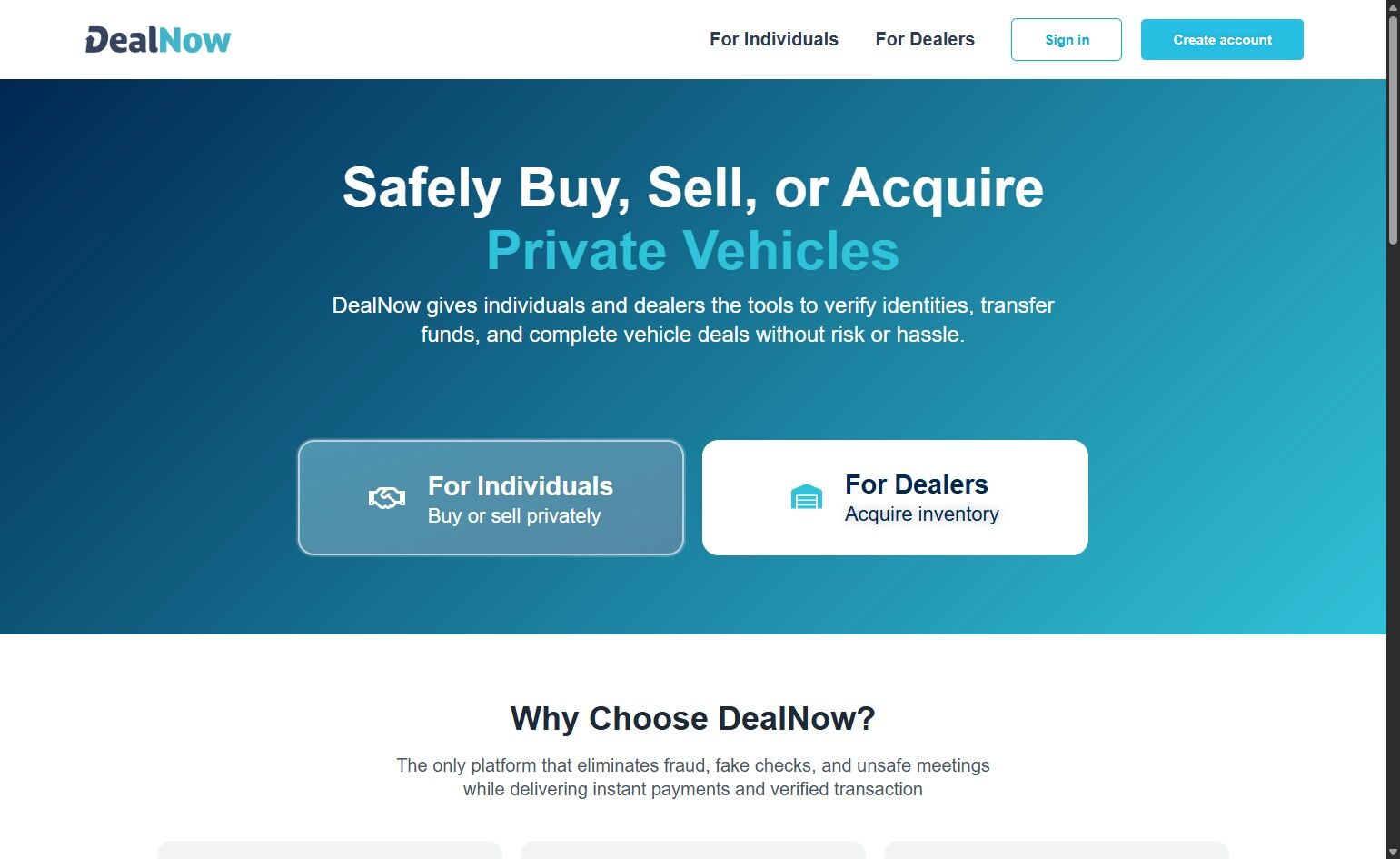 DealNow homepage with ‘For Dealers’ card and ‘Create account’ button to start dealer signup