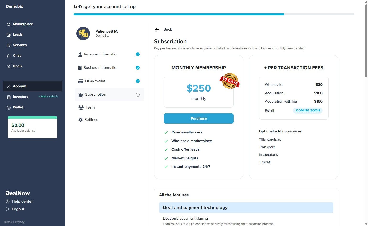 Subscription screen showing Monthly Membership price and included features
