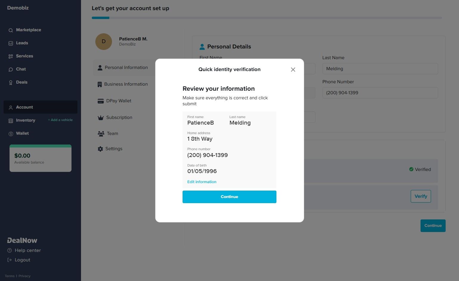 Personal Details panel with Email marked Verified and Identity verification button